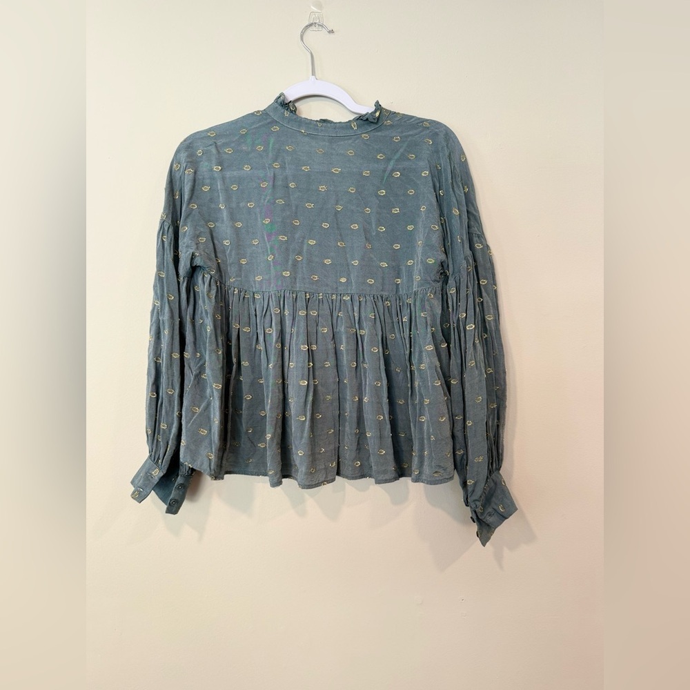 Anthropologie Ruffled Peasant Blouse Gold and Slate Blue Blouse Size XXS - Picture 11 of 11